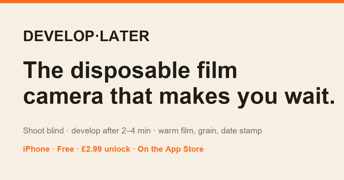 A DEVELOP·LATER photo mid-develop — the grain clearing into warm film.
